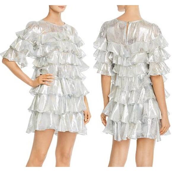 Rebecca Taylor Lily Ruffle Tiered Mini Dress Metallic Silk Blend Silver Size 0 - Picture 1 of 12